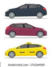 Car wagon mockup. Yellow taxi mockup. Realistic cars with shadows isolated on white background. Wagon, hatchback, suv, combi, sedan are types auto. Vehicles for taxi, business and commercial. Vector.