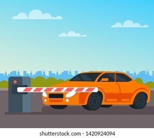 Car waiting toll booth open. Transportation concept. Vector flat cartoon graphic design isolated illustration