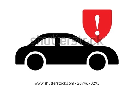 Car warning icon with red shield and exclamation mark for collision alerts and safety diagnostics