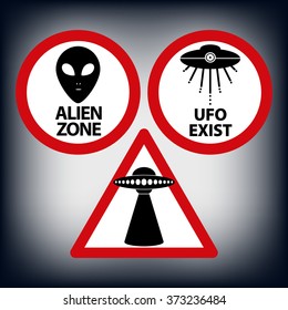 Car warning sign ufo zone for travel. Road caution sign aliens 