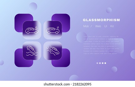 Autowarnzeichen setzen Symbol. Fallen Sie in Wasser, Berg, Überhitzung, fallen von einer Klippe, fahren, vorsichtig sein, Unfall, Gefahr. Konzept des Straßenverkehrs. Glasmorphismus. Vektorsymbol für Business und Werbung.
