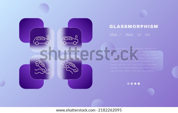 Car warning signs set icon. Fall into water,\
hill, overheat, fall off a cliff, drive, be careful, accident,\
danger. Road traffic concept. Glassmorphism. Vector line icon for\
Business and Advertising.