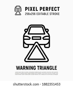 Car warning triangle. Car accident. Thin line icon. Breakdown automobile. Pixel perfect, editable stroke. Vector illustration.