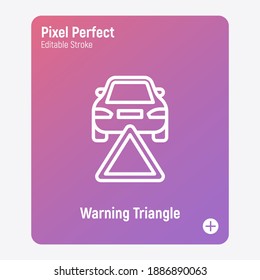 Car warning triangle. Car accident. Thin line icon. Breakdown automobile. Pixel perfect, editable stroke. Vector illustration.