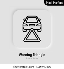 Car warning triangle. Car accident. Thin line icon. Breakdown automobile. Pixel perfect, editable stroke. Vector illustration.