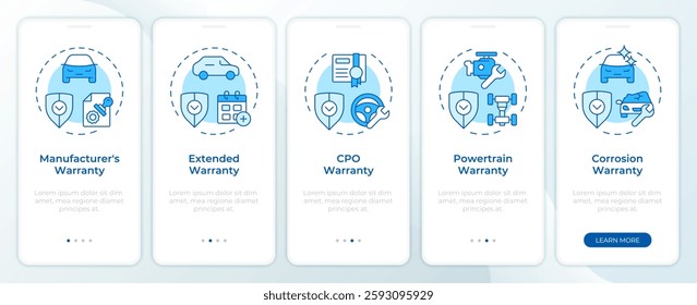 Car warranties blue onboarding mobile app screen. Walkthrough 5 steps editable graphic instructions with linear concepts. UI, UX, GUI template