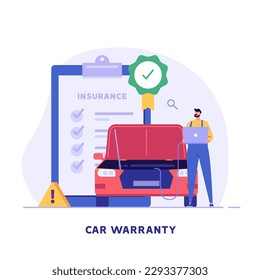 Ilustración del servicio de garantía de coche. La garantía automática cubre la reparación del vehículo. Seguro de auto, cobertura de seguridad. Reparación y mantenimiento de coches gratuitos. Diseño de dibujos animados planos vectores para banners web, UI