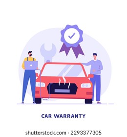 Car warranty service illustration. Auto warranty covers repair of vehicle. Car insurance, assurance coverage. Free car repair and maintenance. Vector flat cartoon design for web banners, UI