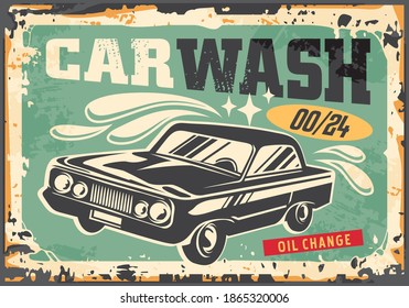 Car wash antique sign post illustration with classic car and water splash. Retro transportation vector design. Rusty metal sign.