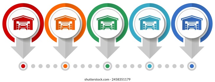 Car wash, auto cleaning service vector icon set, flat design infographic template, set pointer concept icons in 5 color options for webdesign and mobile applications