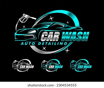 Auto-waschen Auto-Detaillierung Vektorlogo Carwash Spa Automobil-Logo-Design-Vorlage türkis grün, silberng
 einzeln auf dunklem Hintergrund.