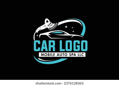 car wash Auto detailing vector logo Carwash spa Automotive automobile logo design template blue, white isolated on a dark background.
