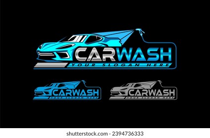 car wash Auto detailing vector logo Carwash spa Automotive automobile logo design template blue white, silver isolated on a dark background