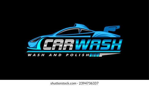 lavado de coches Automático detalle vectorial logotipo Carwash spa Automotive automobile logo design plantilla azul blanco, plateado aislado en un fondo oscuro