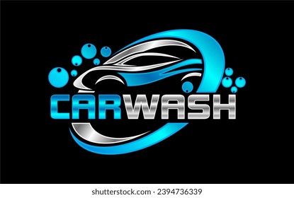 lavado de coches Automático detalle vectorial logotipo Carwash spa Automotive automobile logo design plantilla azul blanco, plateado aislado en un fondo oscuro