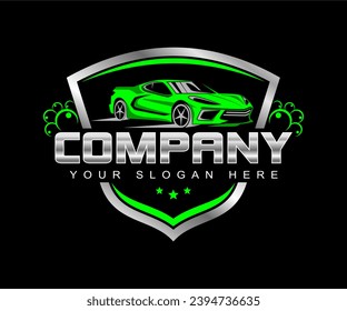 car wash Auto detailing vector logo Carwash spa Automotive automobile logo design template green white, silver isolated on a dark background