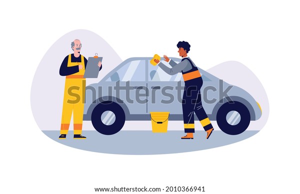 Car wash, auto diagnostic\
services in flat style vector illustration isolated on white\
background. The man washes the car, the auto mechanic diagnoses the\
car.