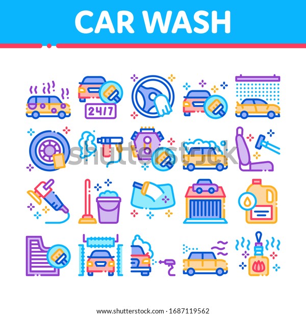 Car Wash\
Auto Service Collection Icons Set Vector. Automatical Car Wash\
Building And Equipment, Cleaning Liquid Bottle And Air Freshener\
Concept Linear Pictograms. Color\
Illustrations