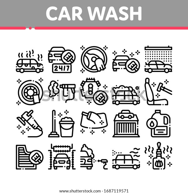 Car Wash Auto Service Collection Icons Set\
Vector. Automatical Car Wash Building And Equipment, Cleaning\
Liquid Bottle And Air Freshener Concept Linear Pictograms.\
Monochrome Contour\
Illustrations
