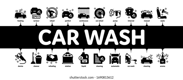 Car Wash Auto Service Minimal Infographic Web Banner Vector. Automatical Car Wash Building And Equipment, Cleaning Liquid Bottle And Air Freshener Illustrations