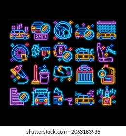 Car Wash Auto Service neon light sign vector. Glowing bright icon  Automatical Car Wash Building And Equipment, Cleaning Liquid Bottle And Air Freshener Illustrations