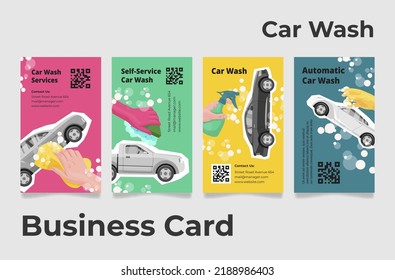 Ilustración vectorial del conjunto de tarjetas de autoservicio autoservicio de lavado de coches. Limpieza de automóviles detergente de espuma líquido shampoo ducha vehículo de higiene de la polea compañía marca promoción de identificación publicidad