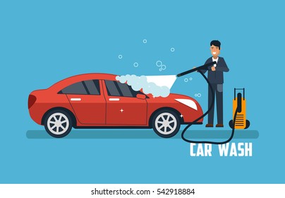 Car wash banner. Man washing car vector illustration. Car wash concept with red sport car.