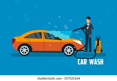 Car wash banner. Man washing car vector illustration. Car wash concept with sport orange car.