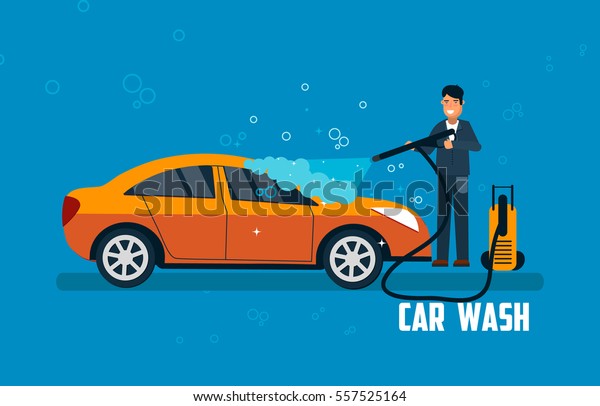 Car wash banner. Man washing car\
vector illustration. Car wash concept with sport orange\
car.