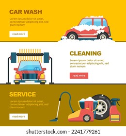 Car wash banners. horizontal template with cars and cleaning service washing vector templates