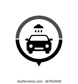 Car wash - black vector icon; map pointer;  message bubble