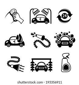 Car wash black and white auto cleaner washer shower service isolated icons vector illustration