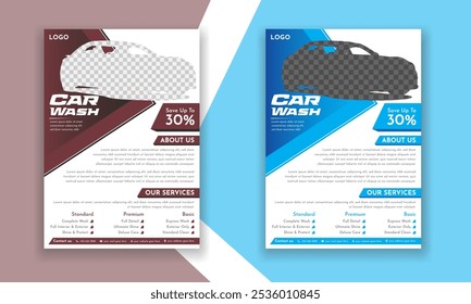 Car wash, car care professional flyer brochure, shine, glitter, bubbles, corporate, automobile, maintenance, promotion, mechanic, modern, showroom, garage, repair, servicing, print ready eps template.