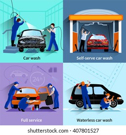 Car Wash Center Full And Self Service Facilities 4 Flat Icons Square Composition Abstract Vector Isolated Illustration