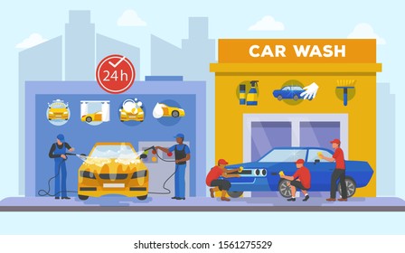 Car Wash Center Full Service Day And Night Flat Style Vector Illustration. Men In Uniform Washing Auto With Soapy Water, Other Men Coworkers Polishing Car Until It Shine.