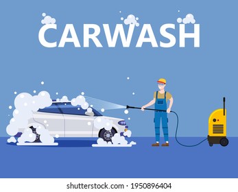 Car Wash center station. Auto Service man worker washing, clean car, foam bubbles. Vector illustration isolated