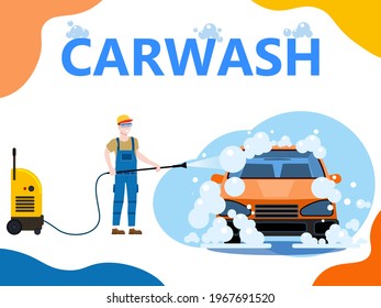 Car Wash center station landing. Auto Service man worker washing, clean car, foam bubbles. Vector illustration isolated