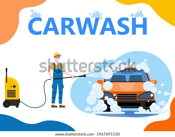 Car Wash\
center station landing. Auto Service man worker washing, clean car,\
foam bubbles. Vector illustration\
isolated