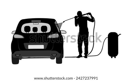 Car wash center vector silhouette illustration isolated. Boy maintenance care about car washing service. Worker with compressor water gun clean. Pit stop cleaning vehicle. Man washing automobile.