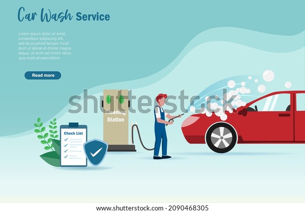 Car wash, car cleaning,\
maintenance and repair service. Mechanician man washing car with\
bubble soap and water at cleaning station with check lists and\
warranty guard.