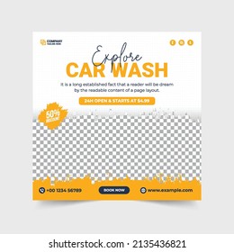 Car wash and cleaning service banner. Professional car wash advertisement. Vehicle washing service template. Car wash service social media post. Automobile cleaning and washing flyer.