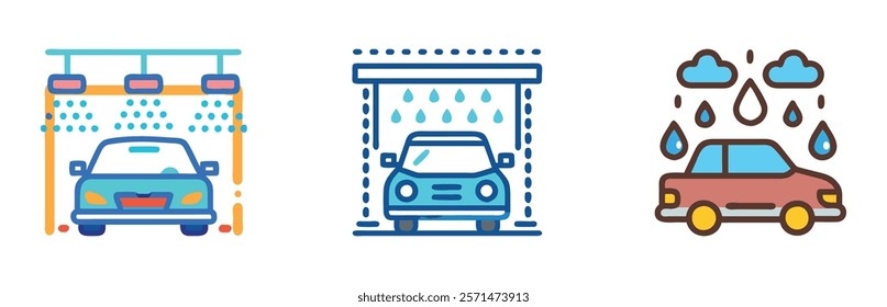 Car wash of colorful icons, Three colorful car wash icons depicting vehicles under water spray, representing cleaning and maintenance services in cartoon style. 
