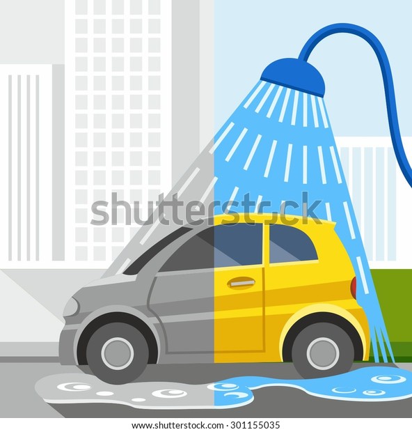 Car wash,
coloured illustrations, dirty car, clean car.  Car wash in town.
Coloured illustrations, half-grey, half-coloured. Half of a yellow
car is dirty, half of the car is clean.

