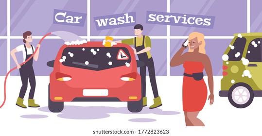 Composición de lavado de coches con texto y paisaje interior con lavadores de automóviles conductores de caracteres planos e ilustración vectorial de coches