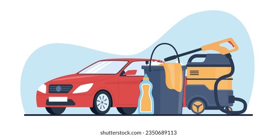 Car wash concept with bucket, car shampoos and high pressure machine. Cleaning automobile, carwash equipment and detergent. Vehicle service, auto center station. Cartoon flat vector illustration