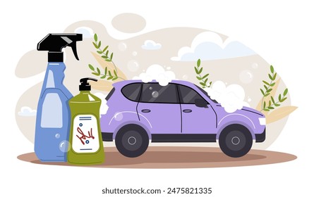 Car wash concept. Detergents near violet automobile and transport. Cleanliness and hygiene. Carwash service marketing. Poster or banner. Cartoon flat vector illustration isolated on white background