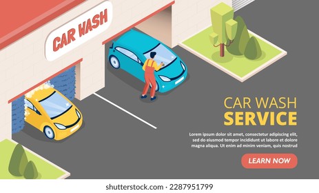 Car wash concept. Landing page design. Young guy in uniform with rag washes glass of vehicle with soap and water. Cleanliness and hygiene. Cartoon isometric vector illustration