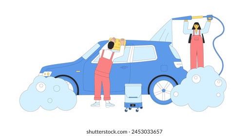 Car wash concept. Vehicle clean station. Repair auto garage. Workers carry out complex wash service. Vector flat outline illustration isolated on white background.