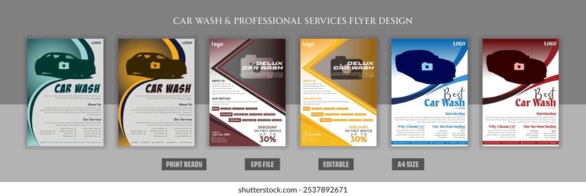 Car wash creative professional flyer brochure, servicing, garage, shower, repair, rent, modern, stylish, elegant, engine, mechanic, discount, shop, banner, eps print ready bundle templates.