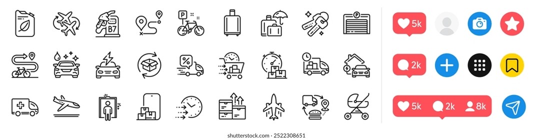 Lavagem de carro, entrega e posto de gasolina linha ícones pack. Ícones de mídia social. Avião, entrega rápida, Seguro de bagagem ícone web. Armazenamento on-line, Cadeia de suprimentos, Pictograma de bicicleta. Vetor